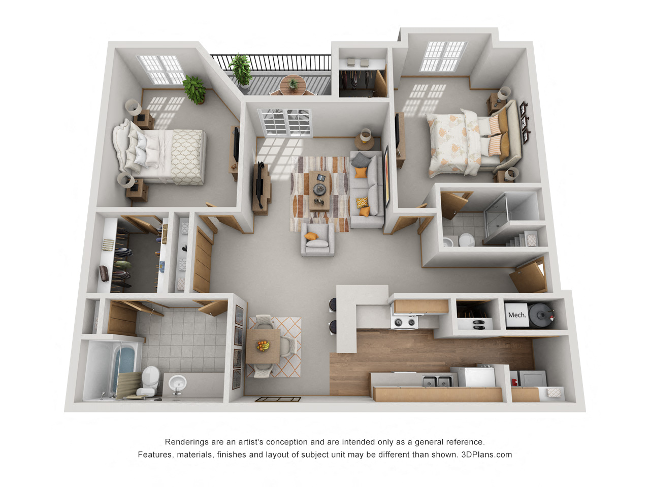 Floor plan for 2 beds, 2 baths, 1261 sqft
